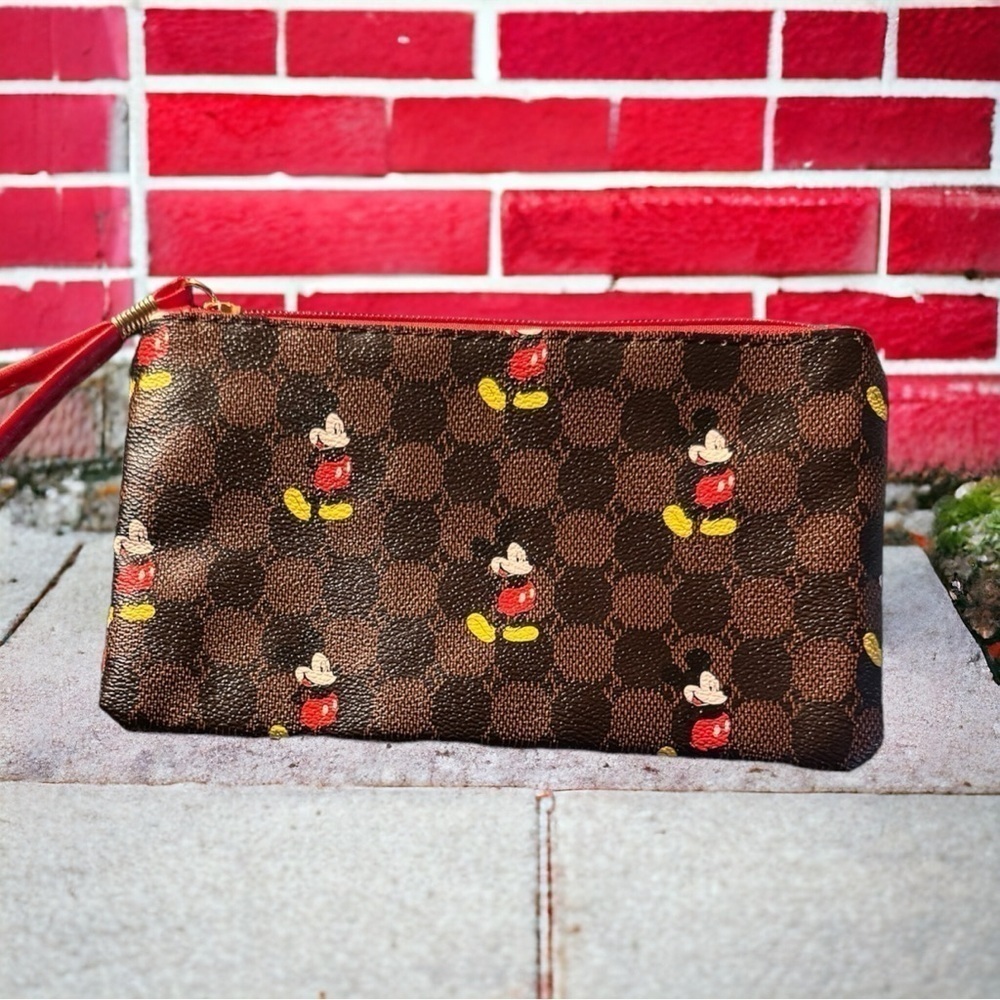 Disney Mickey Mouse Print Clutch Bag, Cartoon Genuine Leather Mobile Phone Bag - Picture 3 of 6